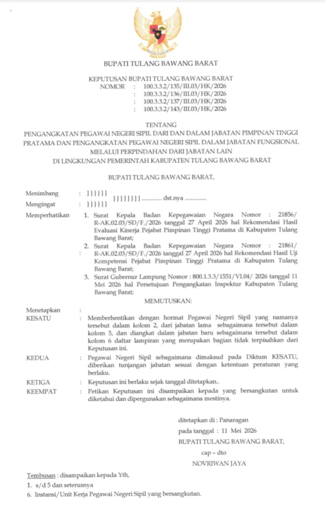 
					Dorong Kinerja Organisasi, Bupati Tubaba Tetapkan Pengangkatan dan Mutasi 30 ASN di Lingkungan Pemerintah Kabupaten